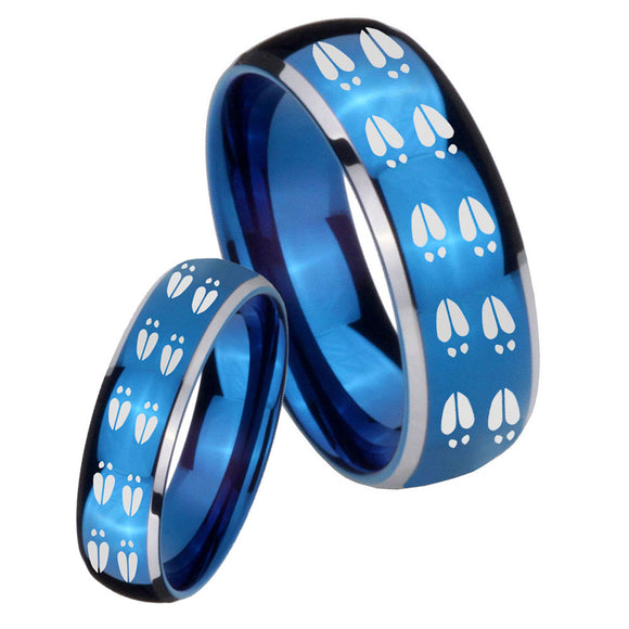 Bride and Groom Deer Tracks Dome Blue 2 Tone Tungsten Wedding Band Ring Set