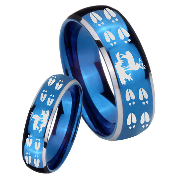 His Hers Deer Hunting Tracks Dome Blue 2 Tone Tungsten Wedding Ring Set