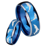 Bride and Groom Dolphins Dome Blue 2 Tone Tungsten Wedding Engraving Ring Set