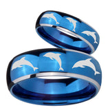 Bride and Groom Dolphins Dome Blue 2 Tone Tungsten Wedding Engraving Ring Set