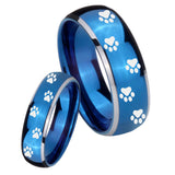 Bride and Groom Paw Print Dome Blue 2 Tone Tungsten Carbide Anniversary Ring Set