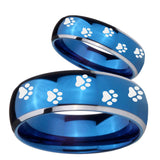 Bride and Groom Paw Print Dome Blue 2 Tone Tungsten Carbide Anniversary Ring Set