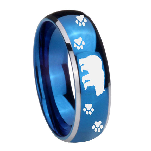 8mm Bear and Paw Dome Blue 2 Tone Tungsten Carbide Mens Ring