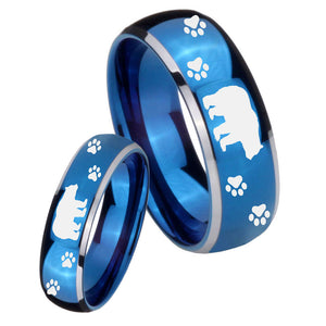 Bride and Groom Bear and Paw Dome Blue 2 Tone Tungsten Carbide Bands Ring Set