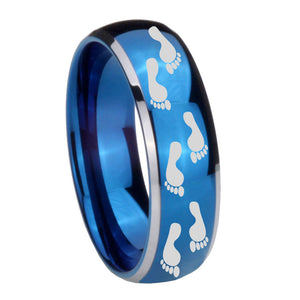 8mm Foot Print Dome Blue 2 Tone Tungsten Carbide Mens Wedding Band