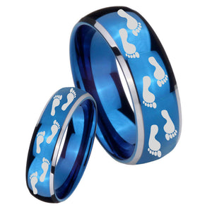 Bride and Groom Foot Print Dome Blue 2 Tone Tungsten Custom Mens Ring Set