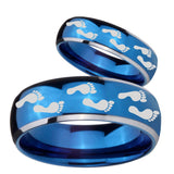 Bride and Groom Foot Print Dome Blue 2 Tone Tungsten Custom Mens Ring Set