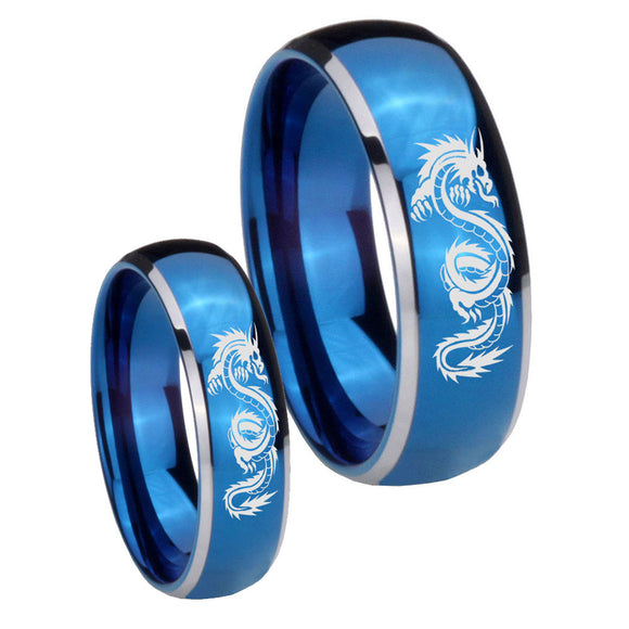 Bride and Groom Dragon Dome Blue 2 Tone Tungsten Mens Anniversary Ring Set