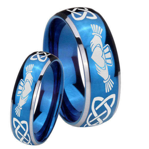 Bride and Groom Irish Claddagh Dome Blue 2 Tone Tungsten Men's Promise Rings Set