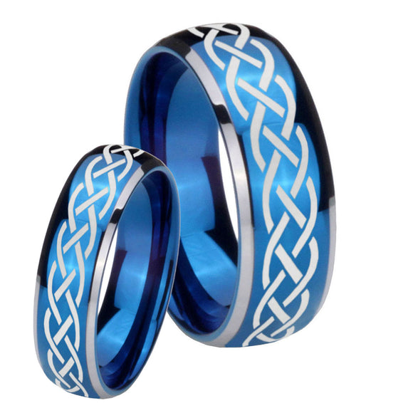 His Hers Celtic Knot Dome Blue 2 Tone Tungsten Mens Engagement Band Set