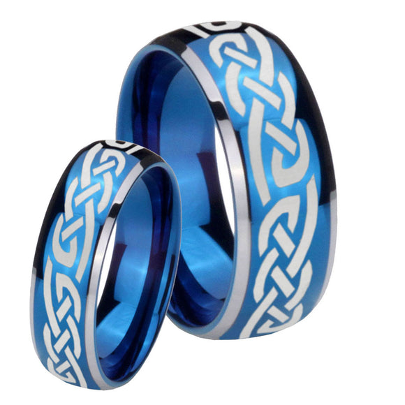 His Hers Celtic Knot Infinity Love Dome Blue 2 Tone Tungsten Mens Engagement Band Set