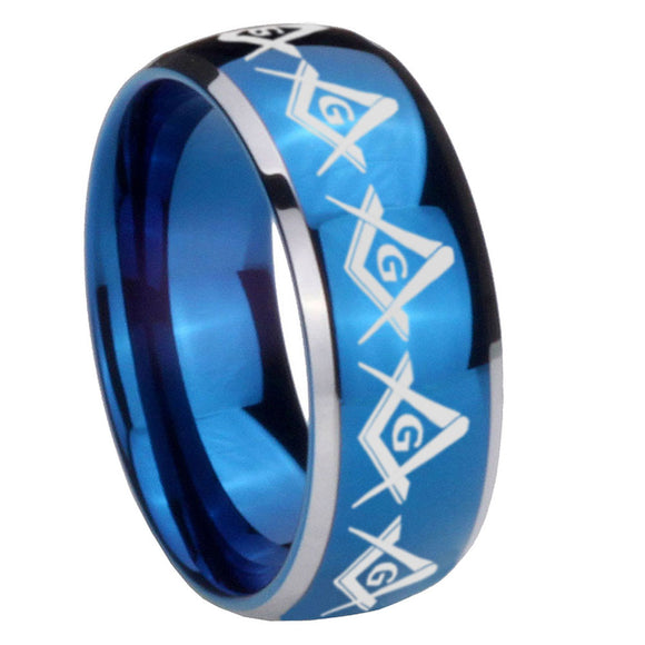 8mm Masonic Square and Compass Dome Blue 2 Tone Tungsten Carbide Mens Wedding Band