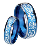 His Hers Celtic Knot Dragon Dome Blue 2 Tone Tungsten Mens Ring Personalized Set