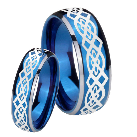 Bride and Groom Celtic Knot Dome Blue 2 Tone Tungsten Men's Wedding Band Set