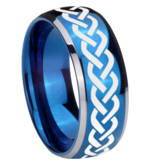 8mm Laser Celtic Knot Dome Blue 2 Tone Tungsten Carbide Mens Wedding Band
