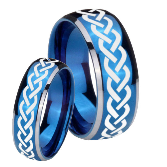His Hers Laser Celtic Knot Dome Blue 2 Tone Tungsten Mens Engagement Band Set