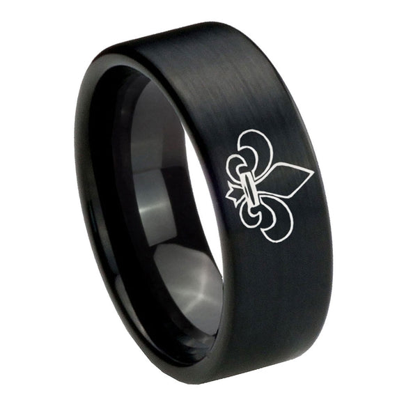 8mm Fleur De Lis Pipe Cut Brush Black Tungsten Carbide Custom Ring for Men