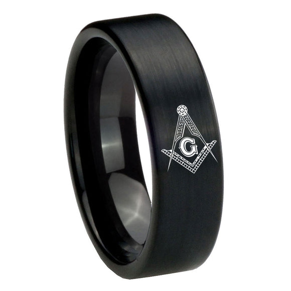 8mm Master Mason Masonic Pipe Cut Brush Black Tungsten Carbide Men's Ring