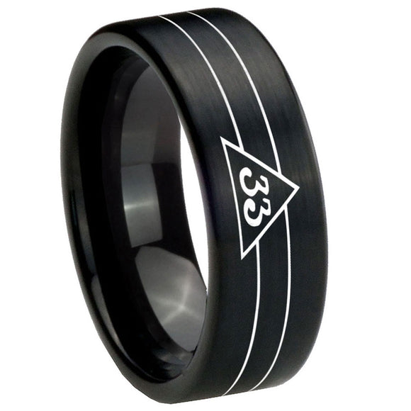 8mm Masonic 32 Duo Line Freemason Pipe Cut Brush Black Tungsten Carbide Wedding Engagement Ring