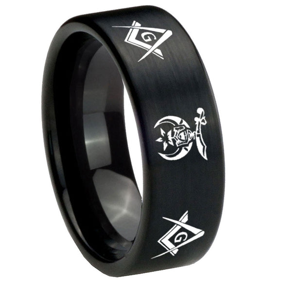 8mm Masonic Shriners Pipe Cut Brush Black Tungsten Carbide Men's Ring