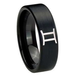 8mm Gemini Zodiac Pipe Cut Brush Black Tungsten Carbide Wedding Band Mens