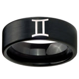 8mm Gemini Zodiac Pipe Cut Brush Black Tungsten Carbide Wedding Band Mens