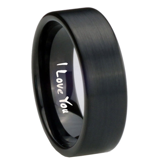 8mm I Love You Pipe Cut Brush Black Tungsten Carbide Mens Ring Personalized