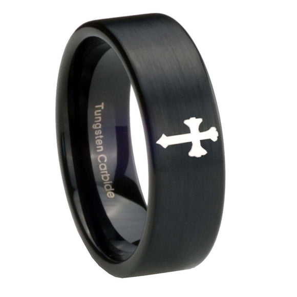 8mm Flat Christian Cross Pipe Cut Brush Black Tungsten Personalized Ring