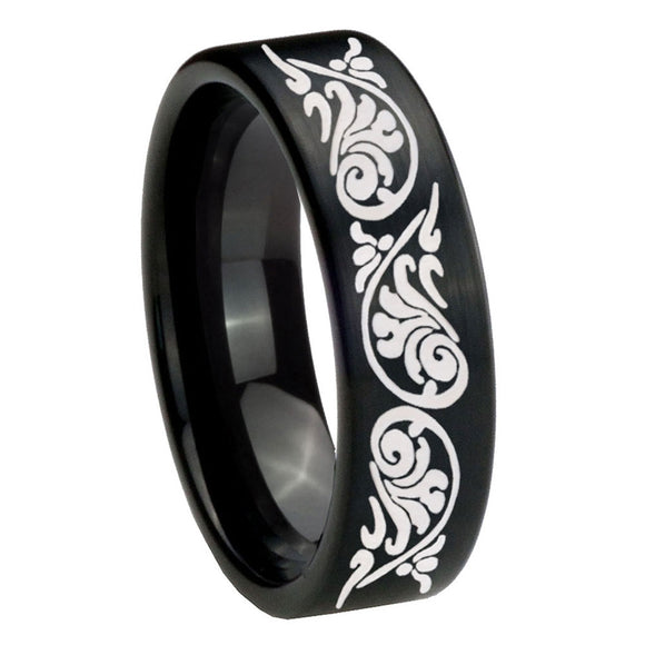 8mm Etched Tribal Pattern Pipe Cut Brush Black Tungsten Men's Promise Rings