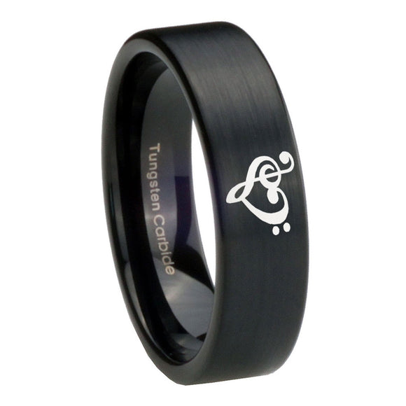 8mm Music & Heart Pipe Cut Brush Black Tungsten Carbide Mens Promise Ring