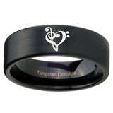 8mm Music & Heart Pipe Cut Brush Black Tungsten Carbide Mens Promise Ring