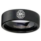 8mm Lost Dharma Pipe Cut Brush Black Tungsten Carbide Mens Ring Engraved
