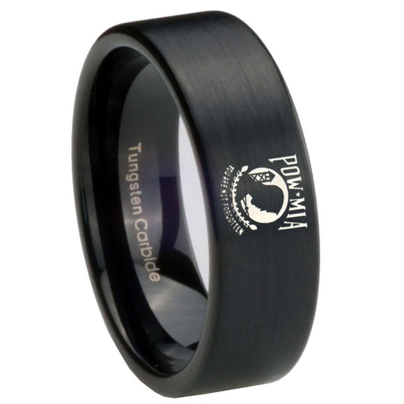 8mm Military Pow Pipe Cut Brush Black Tungsten Carbide Mens Ring Personalized