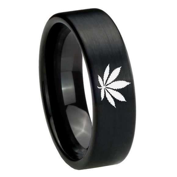8mm Marijuana Leaf Pipe Cut Brush Black Tungsten Carbide Engraved Ring