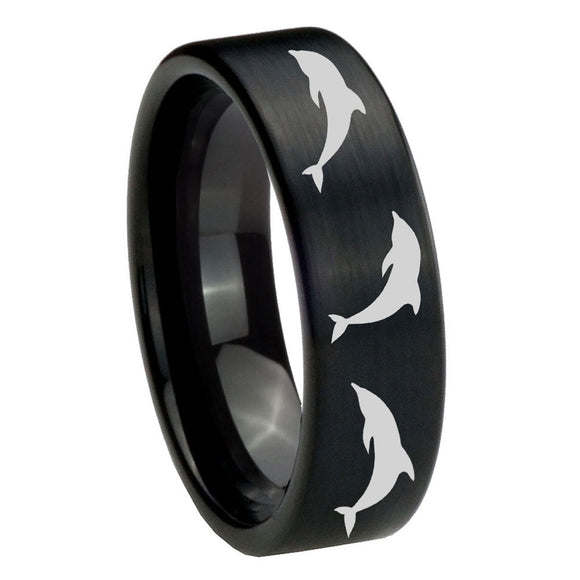 8mm Dolphins Pipe Cut Brush Black Tungsten Carbide Men's Ring