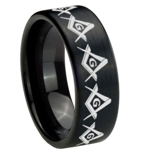 8mm Masonic Square and Compass Pipe Cut Brush Black Tungsten Carbide Custom Ring for Men