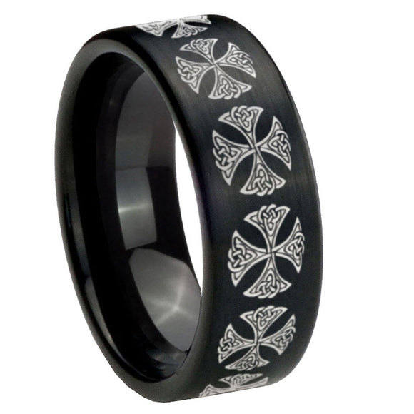 8mm Medieval Cross Pipe Cut Brush Black Tungsten Carbide Custom Ring for Men
