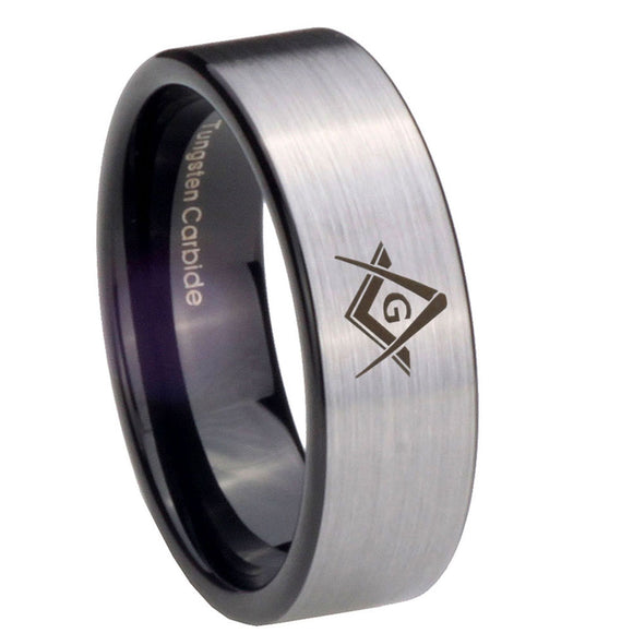 8mm Freemason Masonic Pipe Cut Brushed Silver Tungsten Carbide Engagement Ring