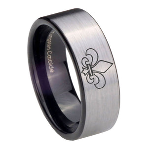 8mm Fleur De Lis Pipe Cut Brushed Silver Tungsten Custom Ring for Men