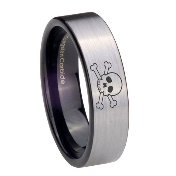 8mm Skull Pipe Cut Brushed Silver Tungsten Carbide Engagement Ring