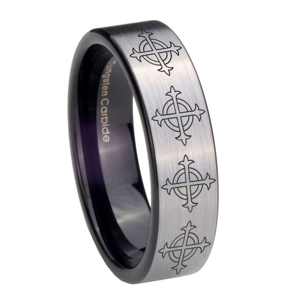 8mm Multiple Crosses Pipe Cut Brushed Silver Tungsten Mens Ring Engraved