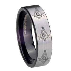 8mm Multiple Master Mason Masonic Pipe Cut Brushed Silver Tungsten Engraved Ring