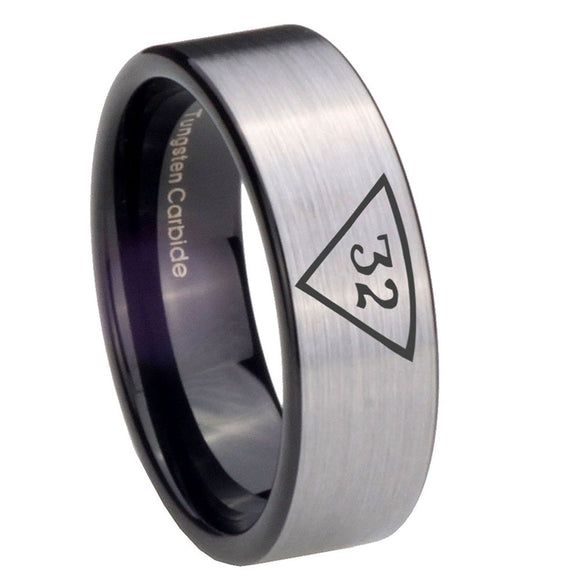 8mm Masonic 32 Triangle Freemason Pipe Cut Brushed Silver Tungsten Carbide Men's Engagement Ring