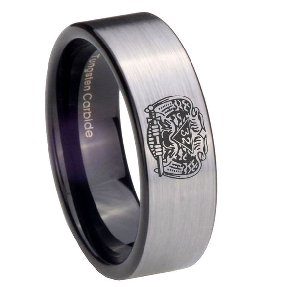 8mm Masonic 32 Degree Freemason Pipe Cut Brushed Silver Tungsten Carbide Men's Engagement Ring