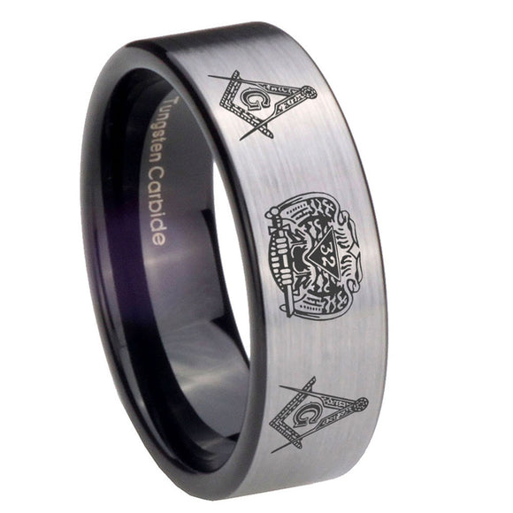 8mm Masonic 32 Design Pipe Cut Brushed Silver Tungsten Carbide Bands Ring