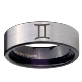 8mm Gemini Zodiac Pipe Cut Brushed Silver Tungsten Carbide Mens Wedding Band