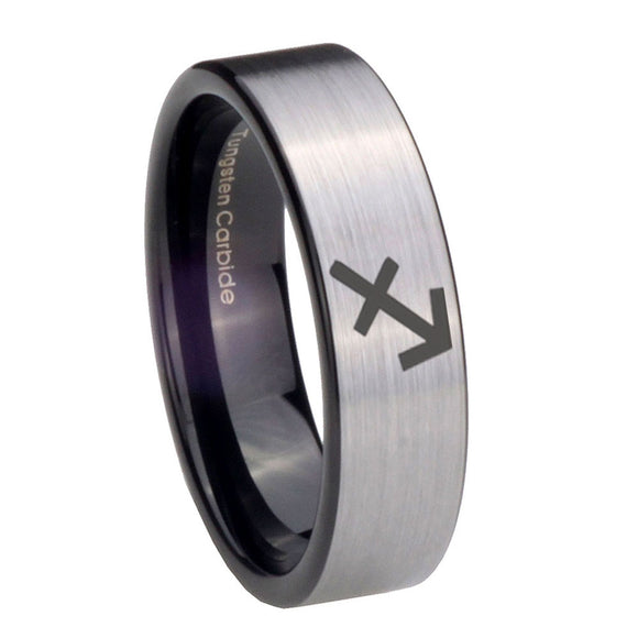 8mm Sagittarius Zodiac Pipe Cut Brushed Silver Tungsten Personalized Ring