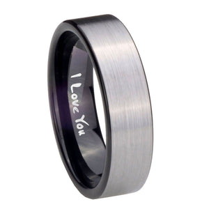 8mm I Love You Pipe Cut Brushed Silver Tungsten Carbide Wedding Engagement Ring