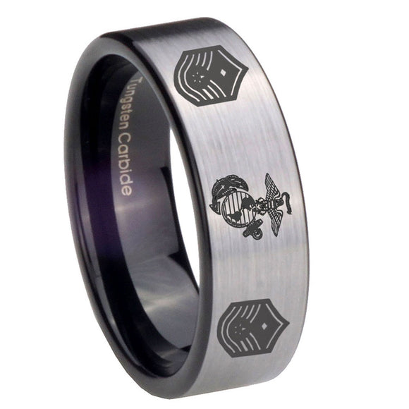 8mm Marine Chief Master Sergeant  Pipe Cut Brushed Silver Tungsten Mens Wedding Ring
