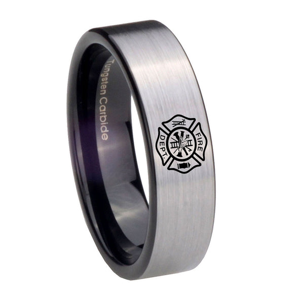 8mm Fire Department Pipe Cut Brushed Silver Tungsten Carbide Mens Ring Engraved